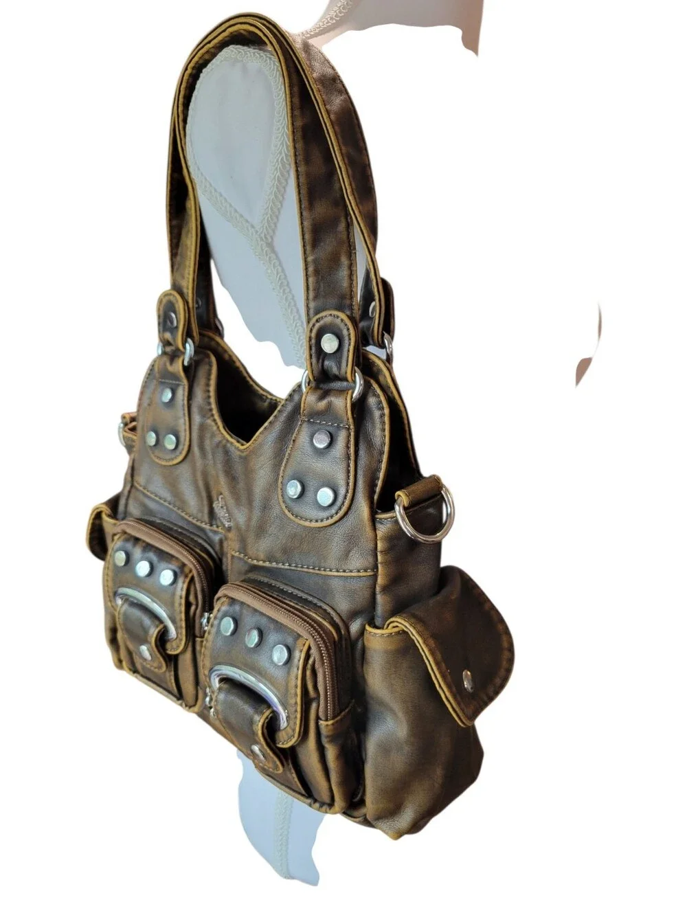 Angel Kiss Brown Faux Leather Multi Pocket Shoulder Bag Purse
